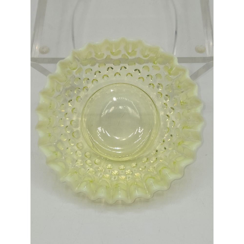 Fenton Topaz Opalescent Hobnail Bowl Vaseline Uranium Glass Ruffled Edge